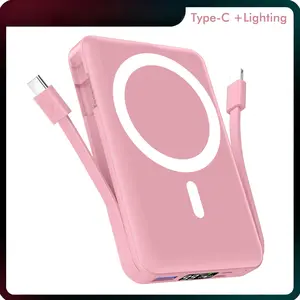 10000mAh Magnetic Power Bank with Built‑in Lightning & USB‑C Cables – 15W MagSafe Wireless, 20W Fast Charging, LED Display Portable Charger for iPhone 17/16/15/14/13/12