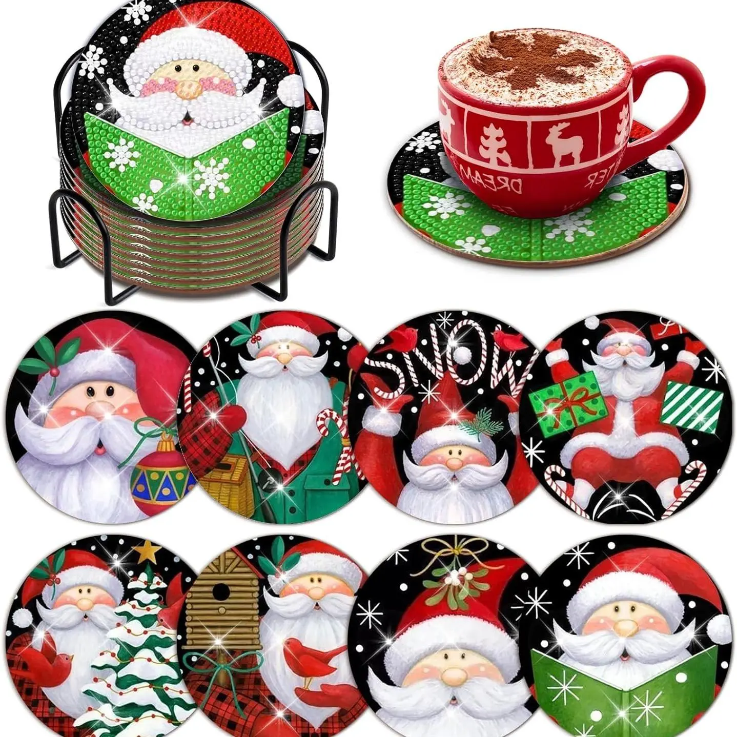 8-piece/set Santa Claus pattern artificial diamond art painting set coasters, DIY crystal diamond painted wooden coasters with stand, suitable for adult office coffee MATS, family coasters, Coasters For Drinks, for Home