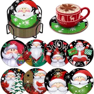 8-piece/set Santa Claus pattern artificial diamond art painting set coasters, DIY crystal diamond painted wooden table art coasters with stand, suitable for adult office coffee MATS, family coasters, Kitchen coasters, for Home