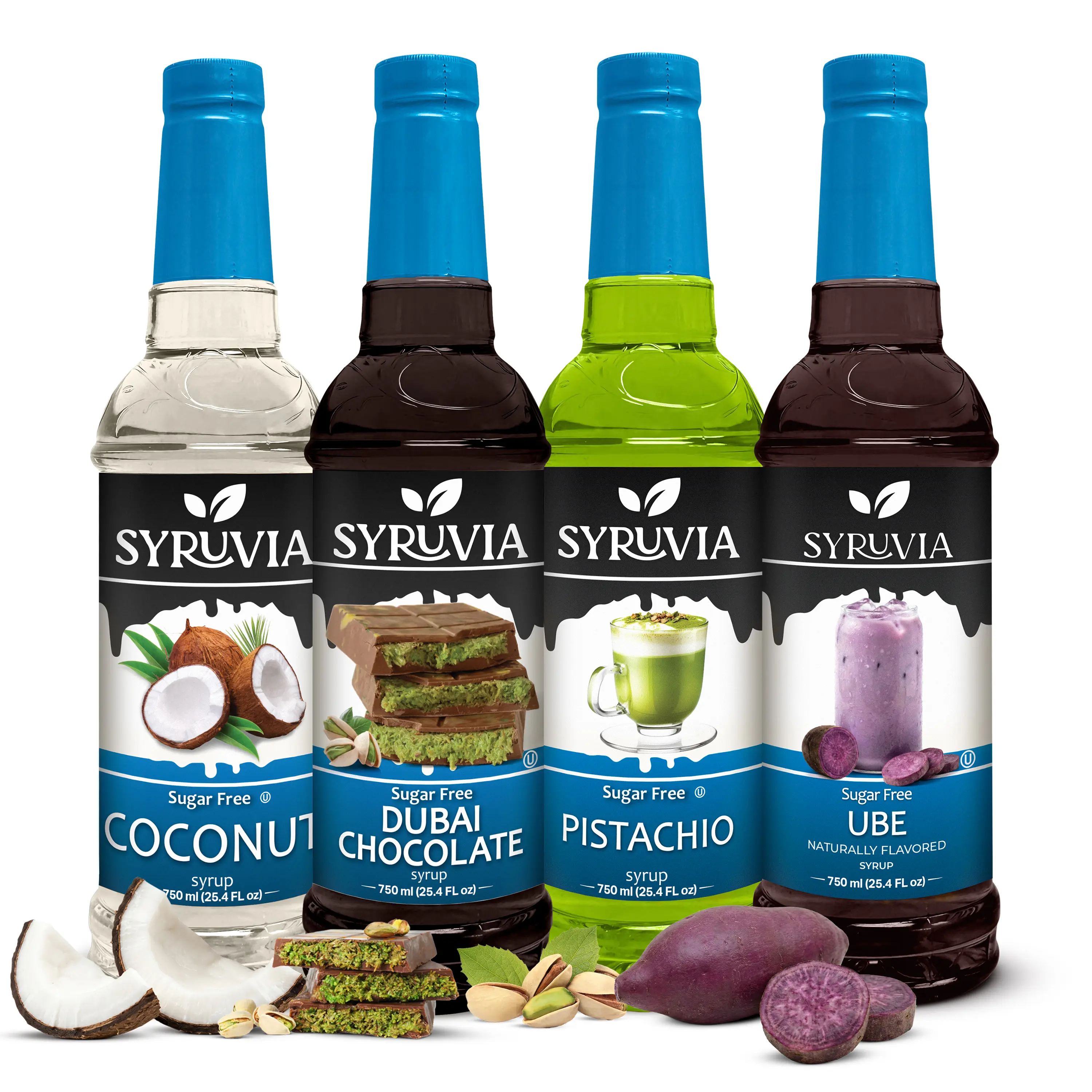 Syruvia Sugar Free Syrup Variety Pack - Coconut, Dubai Chocolate, Pistachio & Ube - Gluten-Free, Kosher, 25.4 fl oz - Rich Flavor Set for Coffee, Lattes & Desserts (4-Pack)