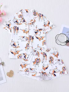 2pcs Cute Beagle Print Pajama Set - Playful Pet Lover Short-Sleeve Pjs (Notch Collar + Chest Pocket + Elastic Waist + Fit) - Soft Adult Loungewear/Sleepwear for Dog Moms, Lounging & Cozy Nights In Pyjamas Womenswear Pajama Shorts