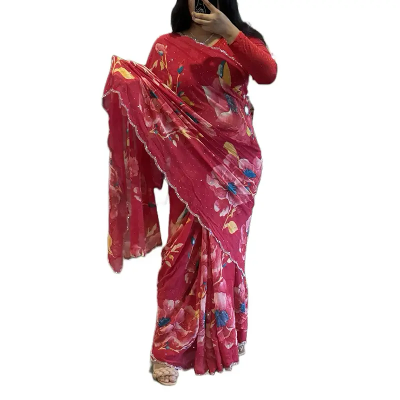 Women's Traditional Floral Chiffon Saree - Lightweight Elegant Fabric, Cut-Style Border, Comfortable Costumes for Party & Traditional Events with Ethnic Costumes & Accessories, Classic, One Size
