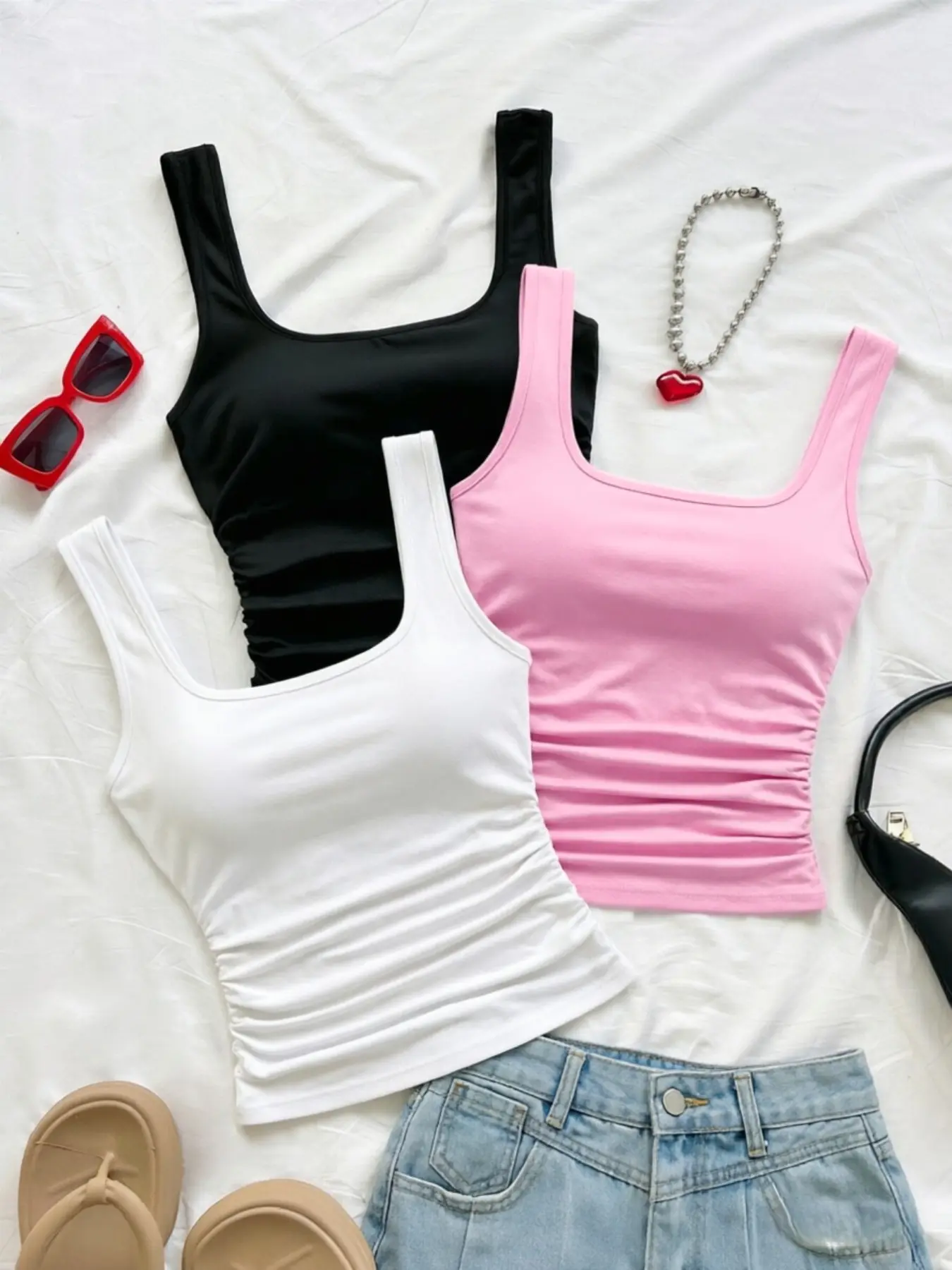 Women's Square Neck Backless Top Set, Casual Backless Design, Ruched Casual Elegant Sleeveless Fitted Blouse, Elastic Basic Casual Tank Tops, Comfortable Daily Wear, Casual Chic Sleeveless