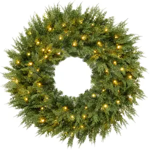 Pre-Lit Cedar Cypress Christmas Wreath w/ Twinkling LEDs,  Realistic Large Indoor/Outdoor Holiday Decor, Plug-In​