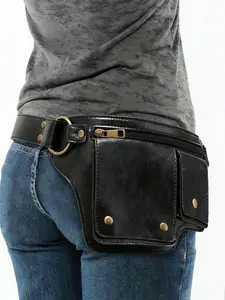 Niche tooling style simple shoulder bag, Zipper Belt Bag, PU Fanny Pack, personality classic multi-pocket rivet design, casual trend wallet, and street style is versatile for daily travel, shopping and mountaineering, Zipper Fanny Pack