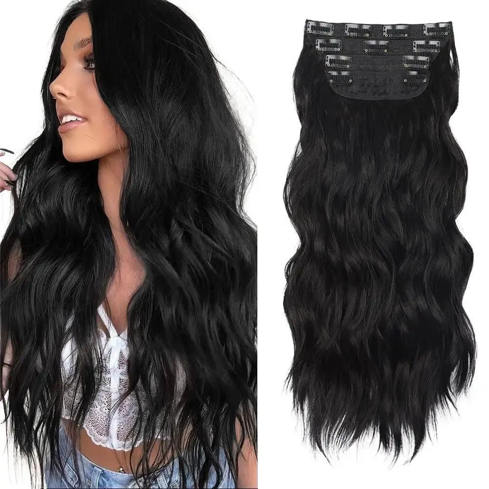 AISI HAIR Clip in Synthetic Hair Extensions Long Wavy 4PCS Thick Hairpieces Black Fiber Double Weft Natural Hair Extensions 20/24 Inch for Women Curly Clip Ins