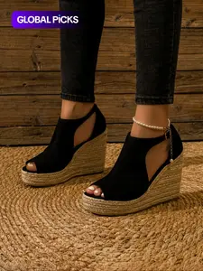 Women's Fashionable Elegant Espadrille Wedge High Heels Peep Toe Sandals, Hollow-Out Design with Buckle Detail, Casual Flatform Shoes for Beach, Party and Vacation