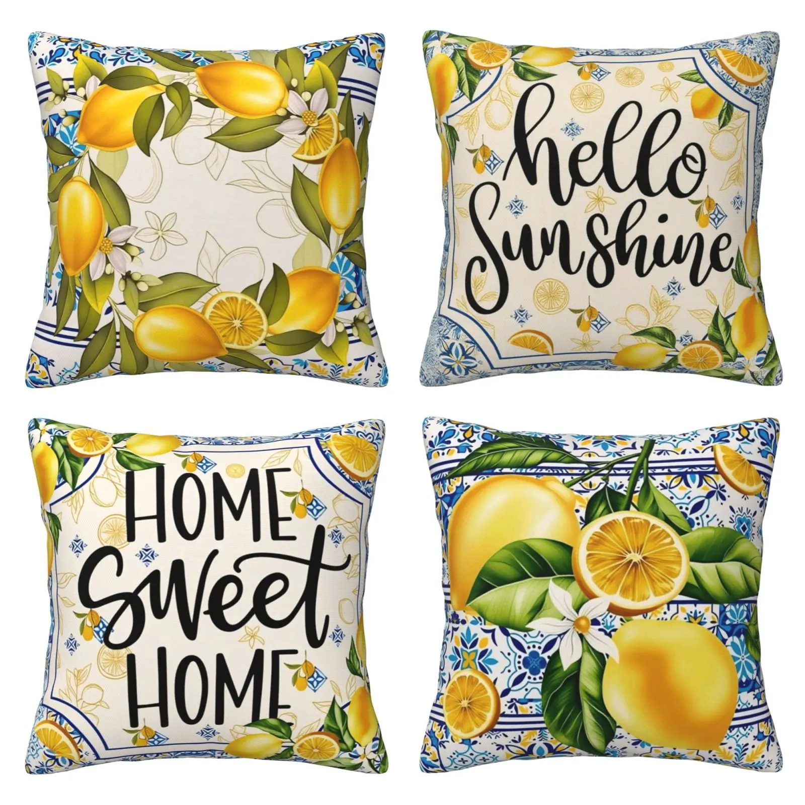 Lemon pattern pillow cover, Warm Home themed pillow cover, yellow and blue square cushion cover, Bedroom Decorative Accessories, suitable for sofas, beds, 4-piece set with double-sided printing