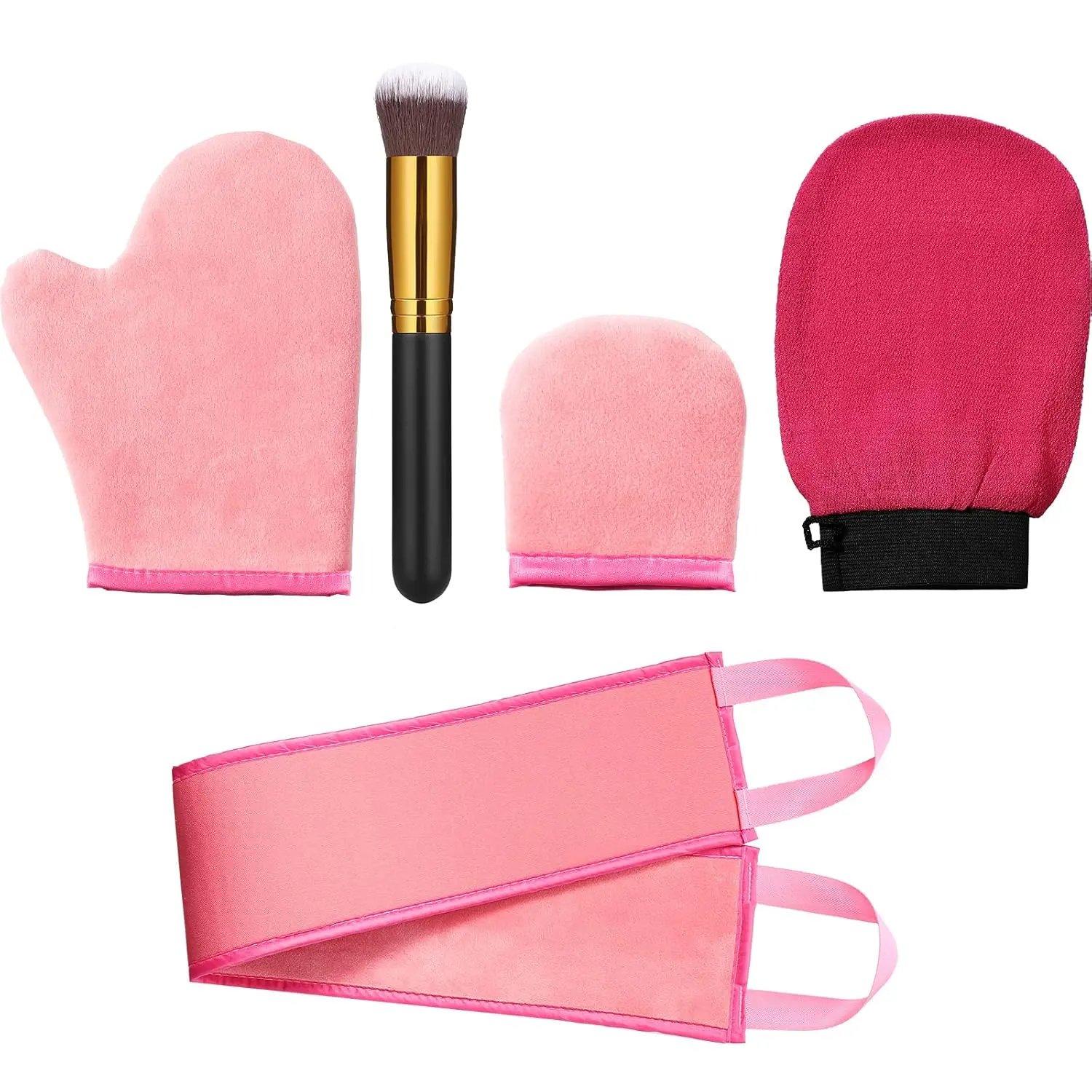 5-Piece Pink Self Tanning Mitt Applicator Kit for Bath & Beauty Care - Includes Tanning Mitt, Exfoliating Glove, Mini Face Glove, Back Lotion Applicator, Large Makeup Brush, Ideal for Moisturizer Blending & Beauty Products