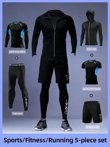 Men's Casual Sports Set, Breathable Compression Long Sleeve & Short Sleeve Tees, Reflective Hoodie Jacket, Shorts & Leggings