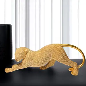 Leopard Statue Handcrafted Gold Cheetah Statue Home Decor Intricate Beaded Design for Living Room, Office, or Gift - Elegant and Unique Decorative Sculpture Ornaments