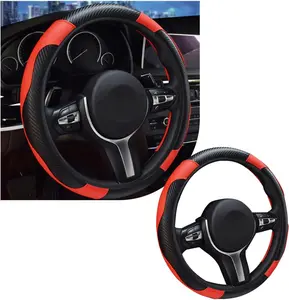 Steering Wheel Cover, 15 Inch Leather Breathable Auto Steering Wheel Protector, Comfortable Non-Slip  Steering Wheel Covers, Universal Interior  Accessories (Black+Red)