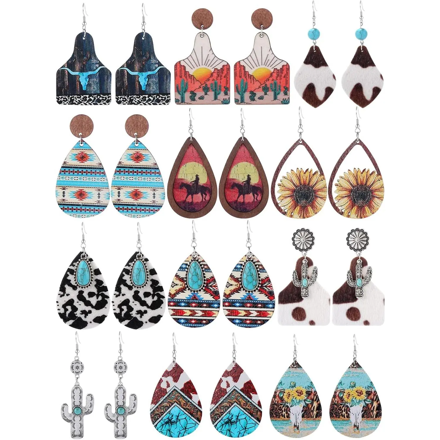 Women's 12-Pair Western Earring Set - Boho Cowgirl Vintage Turquoise Print, Leather, Wood Teardrop Stud & Dangle Jewelry for Christmas, Glam Ethnic Casual Wear, Sisters
