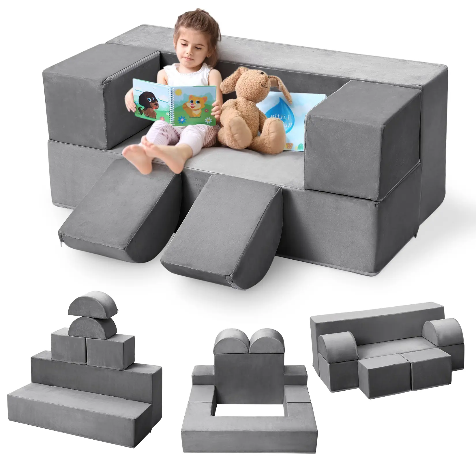 6-Piece Modular Kids Couch for Toddlers and Kids Foam Play Sofa Set, with Detachable Cushions, Convertible Soft Couch for Reading Playing and Sleeping in Bedroom or Playroom, Grey