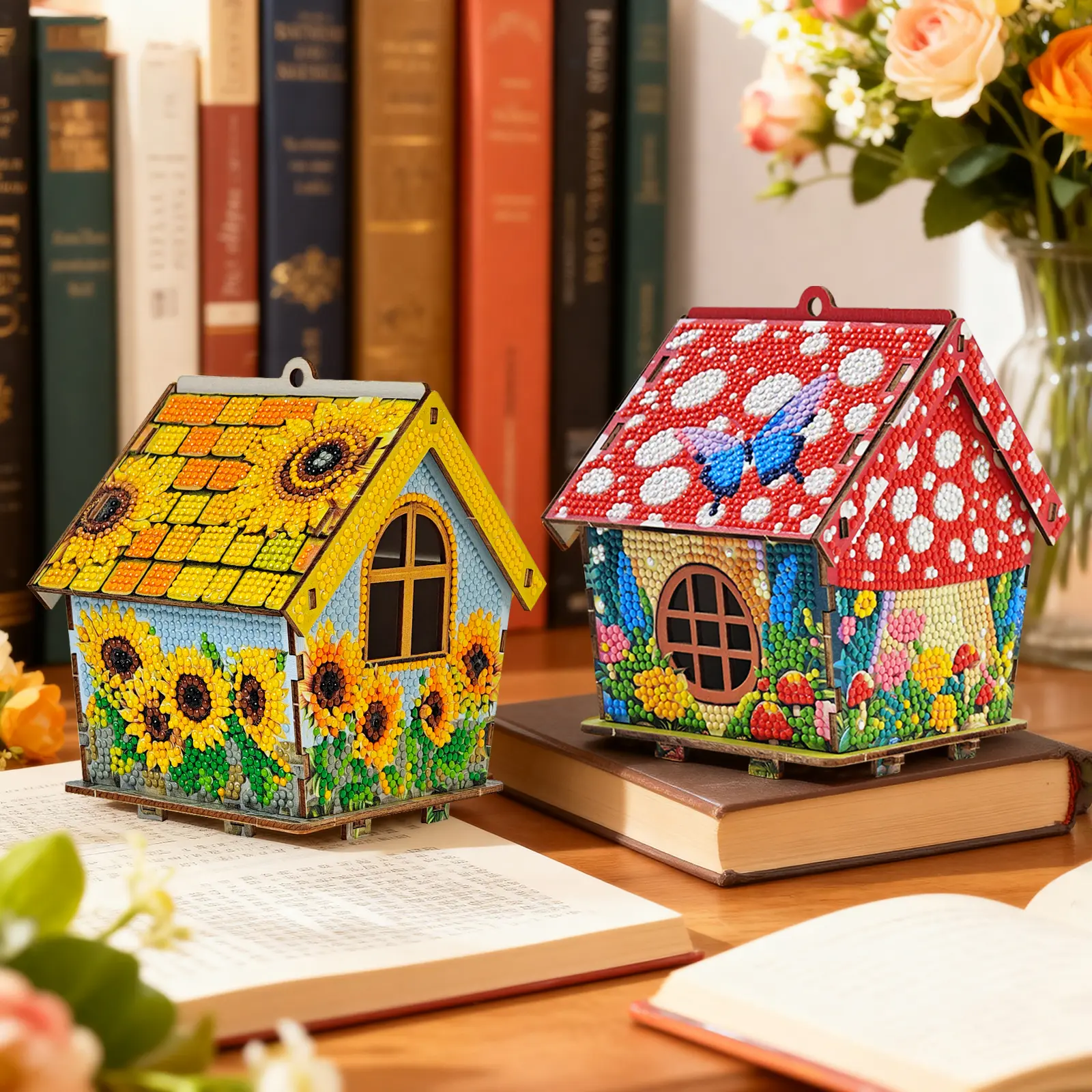 3D Wooden Puzzle Diamond Painting Kit - Creative DIY Craft Art for Teens, Adults, Vibrant Sunflower Mushroom House Art, Unique Birthday Gift for Home Decoration (Toys & Hobbies)