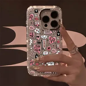 Bubble English Luxury Rhinestone Fashion Phone Case for iPhone 11 12 13 14 15 16 17 Pro Max Air Plus, Transparent Sparkling Diamond Star Border, Drop-Proof Shockproof Protective Cover, Perfect Christmas New Year Gift for Men Women Cellphone Protection