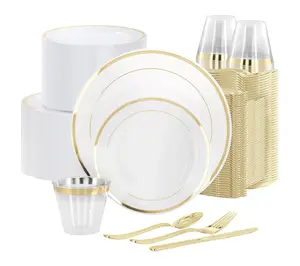 Elama 600 Pc Disposable Dinnerware Set for 100 in White Gold