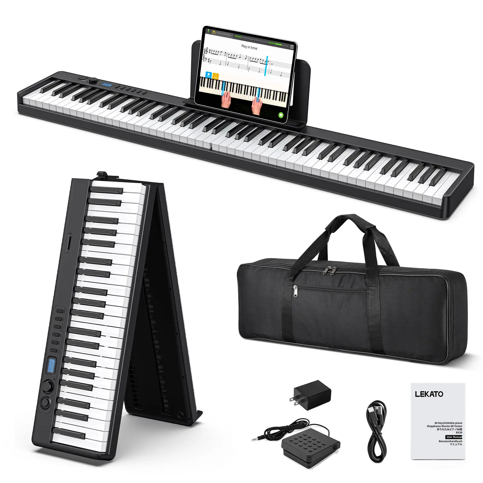 LEKATO Portable 88 Keys Foldable Electric Piano Keyboard, Digital Piano with Full Size Semi-Weighted Velocity Keys, Wood Grain, Learning Mode, LCD Screen, Bluetooth USB Midi, for Beginners Home Travel