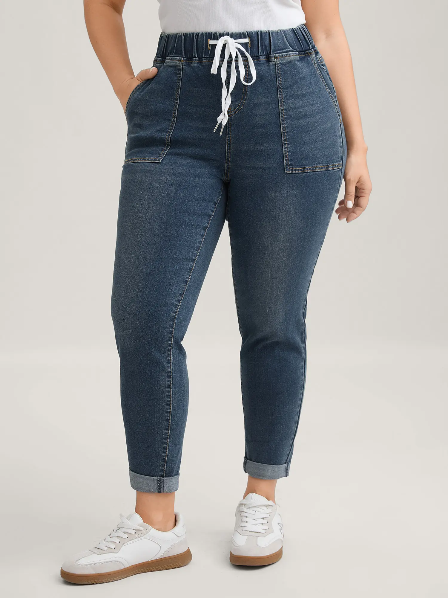 BloomChic Women's Plus Size [M-6X] Cotton Denim Jeans - High Waisted Elastic Drawstring,Dark Blue, Skinny Fit, Drawstring Elastic Waist, Roll Hem, Above Ankle Length, Slanted Pockets, Bottom Womenswear summerwins,s,Summerfinds