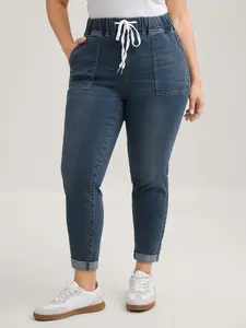 【Summer Turn-Up】【Comfy Waist】BlOOMCHIC Plus Plus Drawstring Elastic Waist Roll Hem Jeans - Dark Blue Skinny Fit High Stretch Above Ankle Length with Slanted Pockets for Everyday Wear [1x-6x] 2026 Summer Pick for Mother's Day