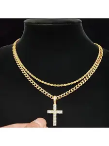 Full-Diamond Cross Necklace Set: Cuban Chain + Twisted Cord Chain, Gold/Silver Double-Layer Chain, Twice as Shiny. Full-Diamond Cross Pendant Accompanied by Cuban Chain and Twisted Cord Chain; Available in Gold/Silver Dual Colors. High End Necklace