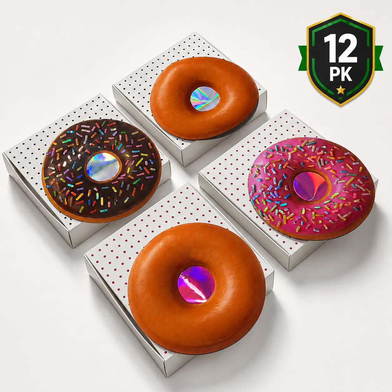 12 Pack Donut Style Decorative Storage Pouches with Matching Window Boxes – Choose Your Design