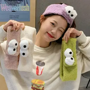 Cute Big Eyes Plush Headband for Women, Summer Soft Non-Slip Hair Band for Face Washing & Skincare, Adjustable Velcro Design Hair Accessory, Fluffy Comfortable Head Wrap for Makeup Removal, Spa, Daily Home Use & Lazy Loungewear Styling