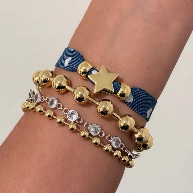 Adjustable Fabric Bracelet with Star Charm - Stylish Denim Design & Gold Beads for Trendy Looks