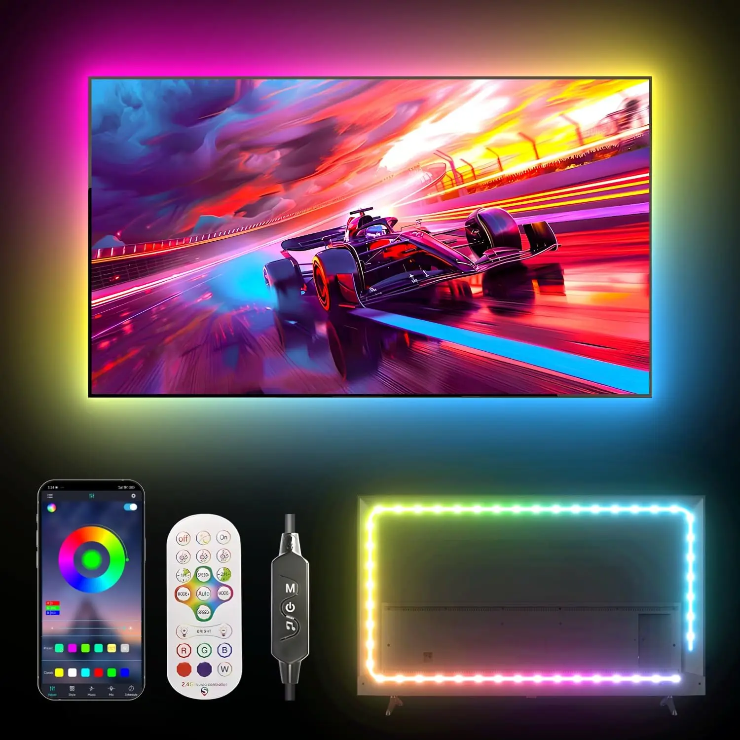 TV LED Backlight, RGB TV Backlight for 43-55 inch TVs,Smart APP Remote Control, Music Sync Color Changing Strip Lights，for Bedroom Gaming (USB Without Adapter)