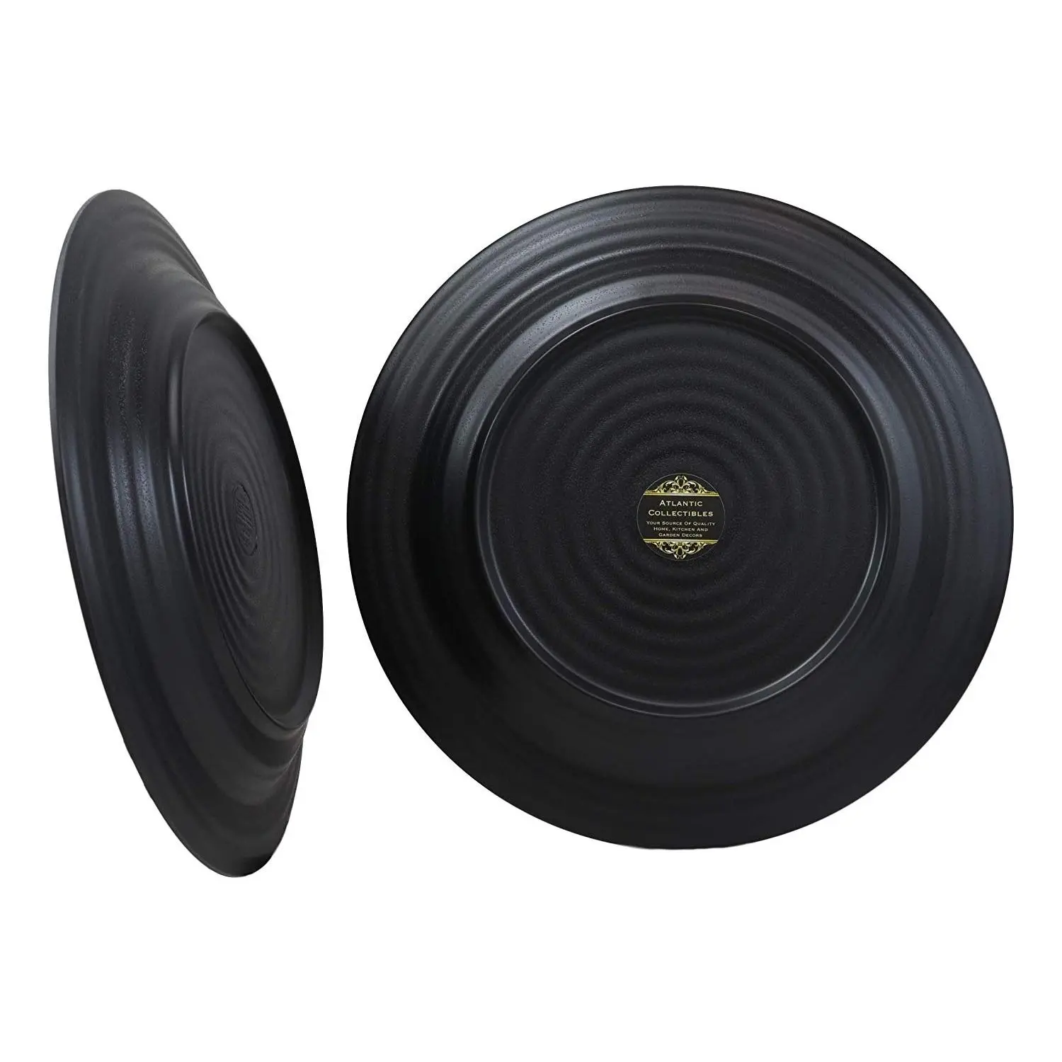 Contemporary Matte Black Melamine Dinner Plates Set of 6, 11.75"D Extra Large Ergonomic Dinnerware Set for Serving & Stir Fry Tableware