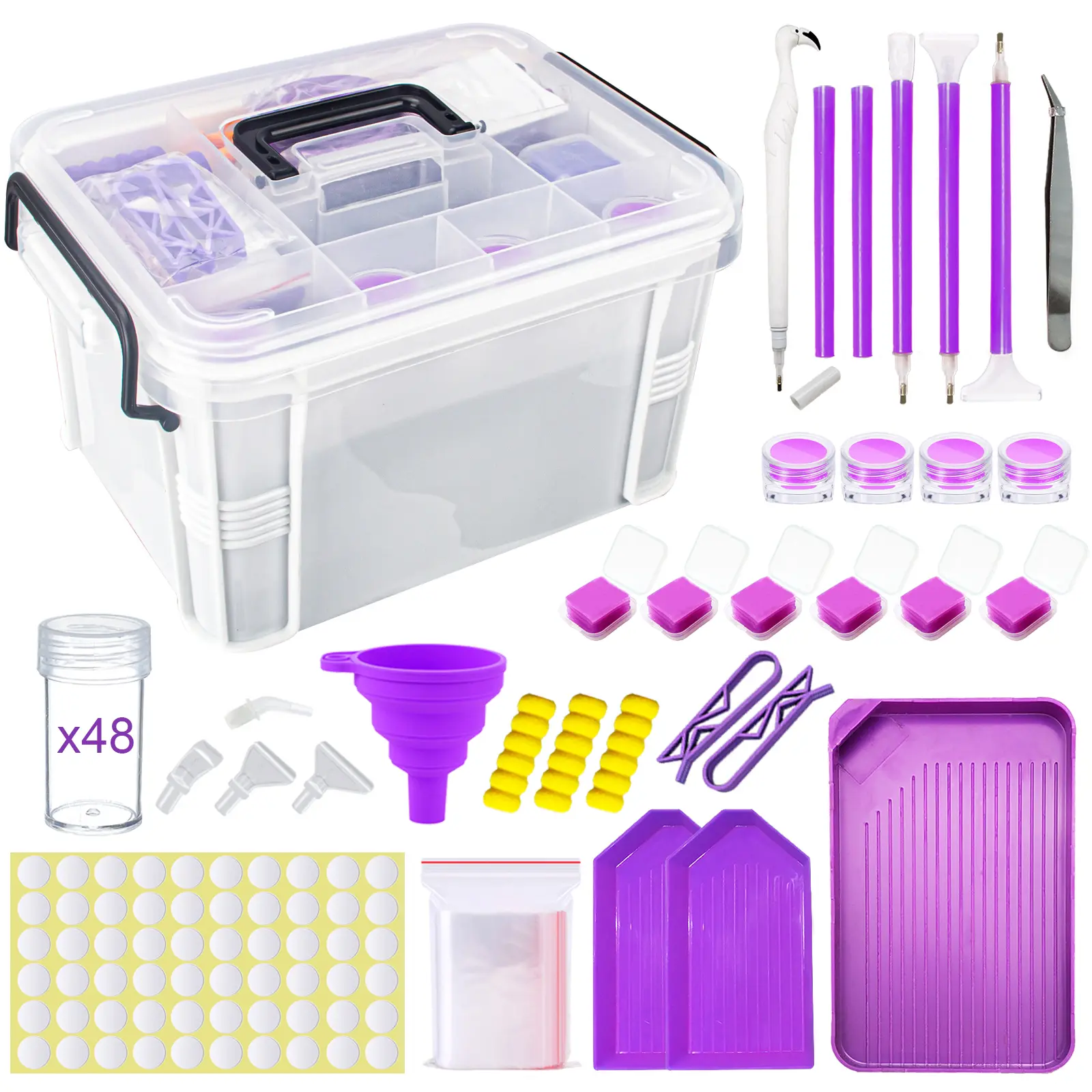 111pcs Diamond Painting Storage Box Tool Set Diamond Embroidery Accessories Kit with 48 Piece Storage Bottles, Trays, Wax, Pens, Multi-Use Tips, Funnel and Durable Storage Box - Ideal Gift for Craft Lovers Durable Plastic Material