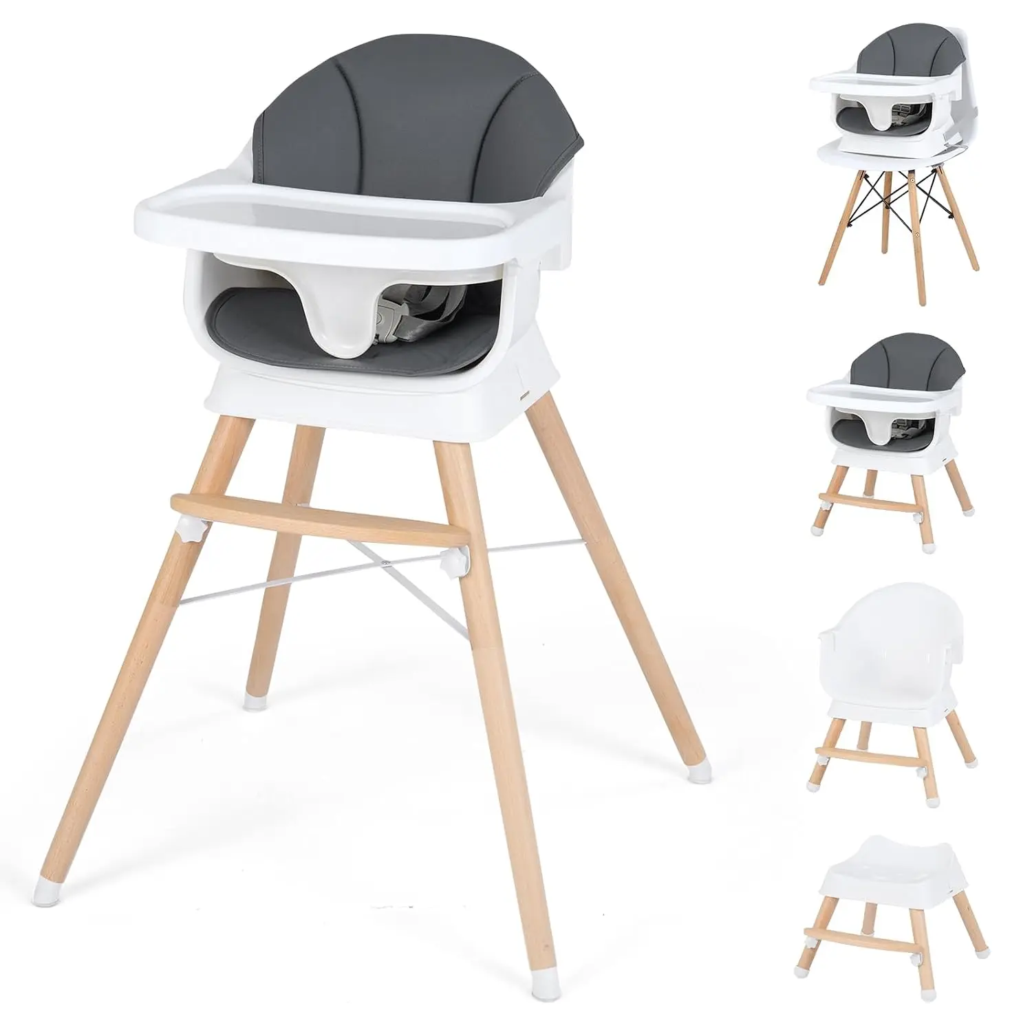High Chair, Convertible Wooden Highchairs for Babies and Toddlers, Converts to Booster Seat & Stool with Adjustable Legs, Removable Tray, Safety Harness, Waterproof PU Cushion