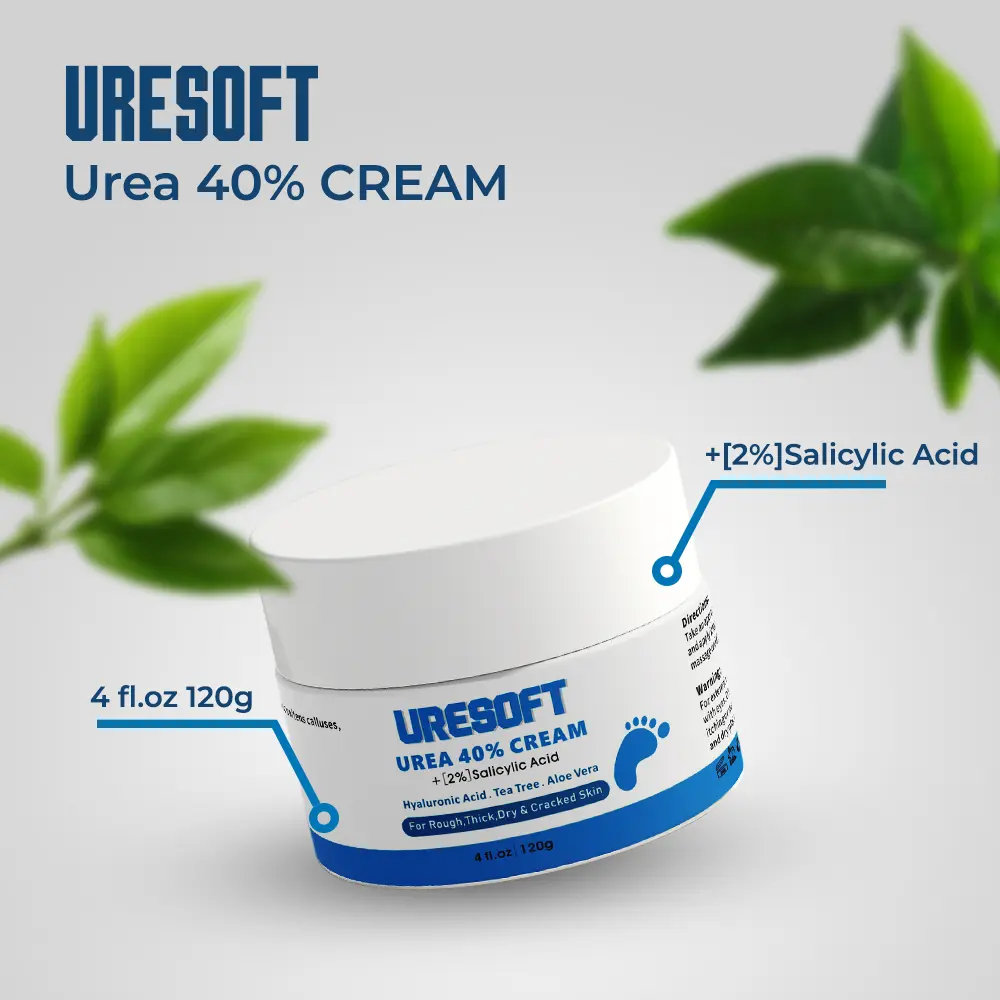 UreSoft Alcohol-Free Hand & Foot Cream - 40% Urea, 2% Salicylic Acid, Tea Tree Oil, Hyaluronic Acid, Intensive Deep Moisture for Dry Hands Feet, Daily Care for Adults, Smoother Skin, 4 fl. oz. (120g) Lotion