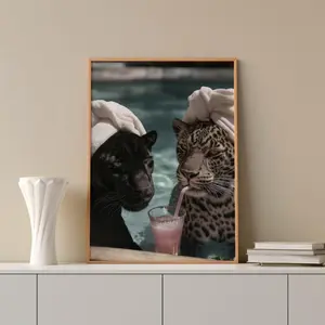 Luxury Fashion Cheetah and Jaguar Drinking Cocktail Print, Vintage Photography, Fashion Print, Bar Cart Decor