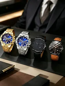 Men's Business Quartz Watch Set, High End Watch, Business Fashion Watches, Modern Fashionable Wristwatch, Modern Trendy Watch, Round Dial, Pointer Display, Mineral Glass, Button Cell Battery, Perfect Gift for Boyfriend and Father