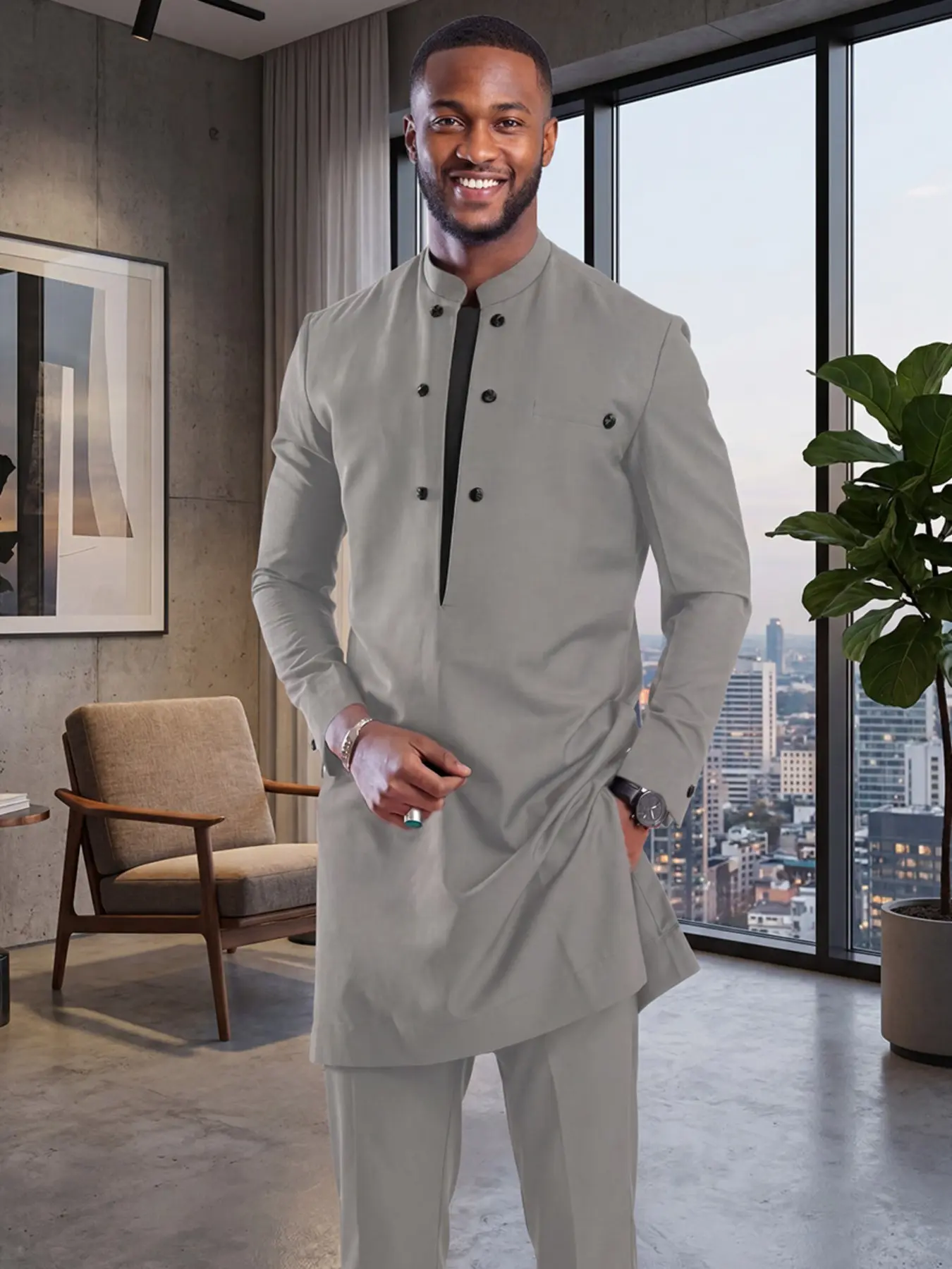 Men's Dashiki Set Outfit, Kurta Suit, Stand Collar, Button Front, Split Hem Long Sleeve Top, Waist Drawstring Pants, Casual Wear for All Seasons