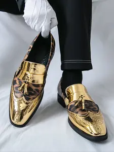 Men's Leopard Print Suede Leather Shoes, Fashionable Fringe Design, Slip-On Pointed Toe, Perfect for Parties and Shows