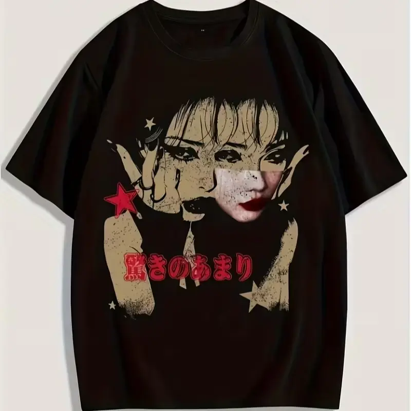 Vintage Distressed Anime Woman Portrait Red Star Japanese Text Streetwear Graphic T-Shirt, Unisex Dark Aesthetic Casual Oversized Tee, 100% Cotton Printed Craft SummerVibes Top, Relaxed Soft Breathable unisex summer clothing
