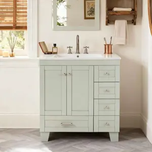 Gray Blue Bathroom Vanity with Quartz Top 30 Inch Freestanding Single Sink Cabinet Soft Close Drawers and Doors Solid Wood Frame Carrara White Stone Countertop Modern Transitional Style Vanity Unit for Small Bathroom