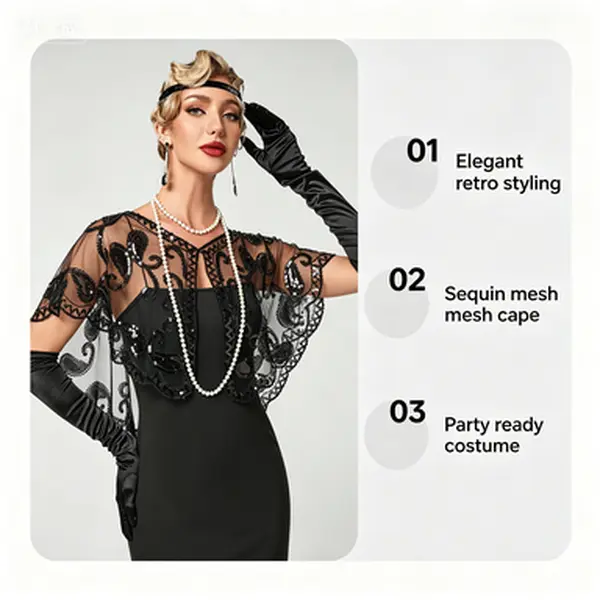Women's 1920s Vintage Elegant Geometric Sequin Beaded Mesh Breathable Short Cape Flapper Shawl - Fashion Accessory for Party, Prom, Evening Occasions, Accessories, Beads, Clothes, Chic, Lady, Sequin Embellished, Vintage Inspiration, Female, Hand Wash Only