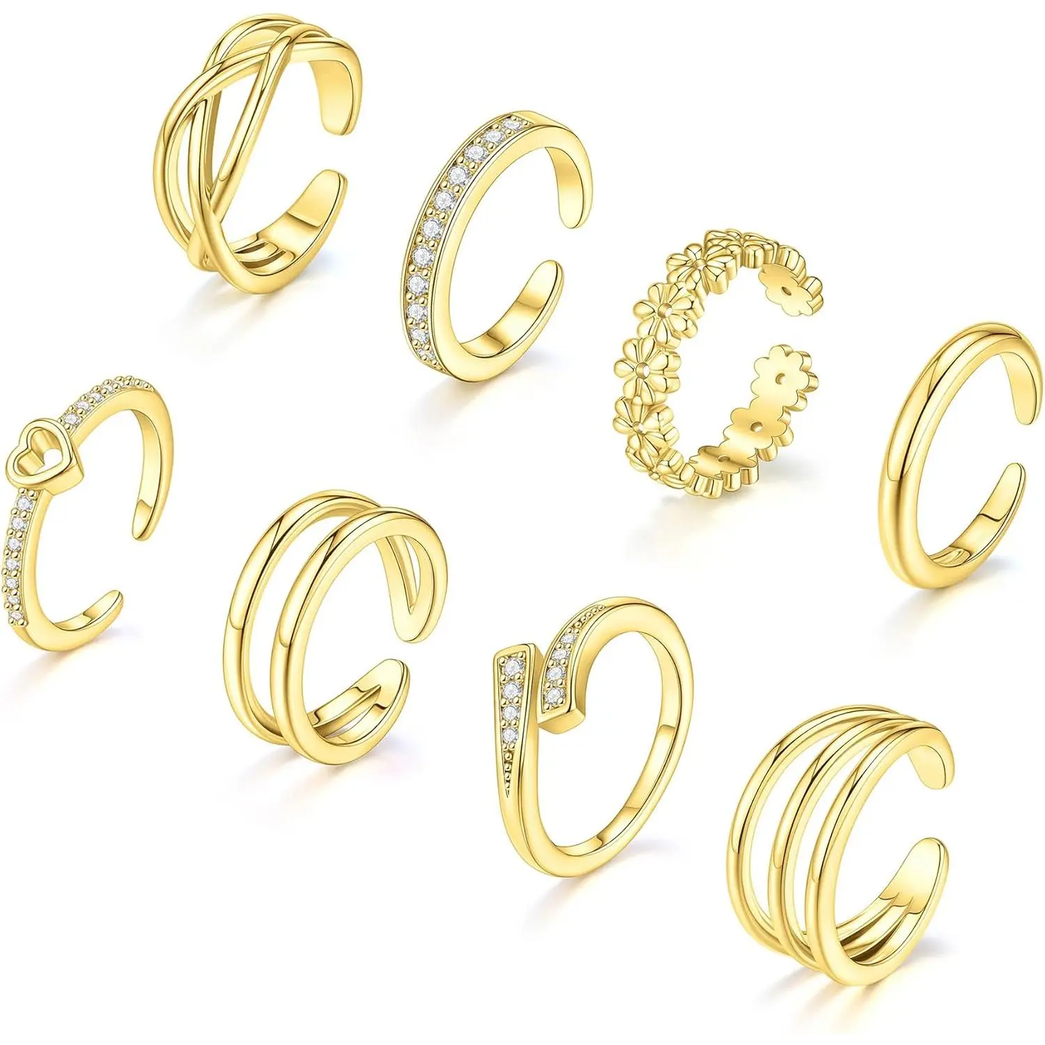 8-Piece Adjustable Toe Rings, Open Band Gold and Silver Tone Stackable Foot Jewelry for Beach Wear