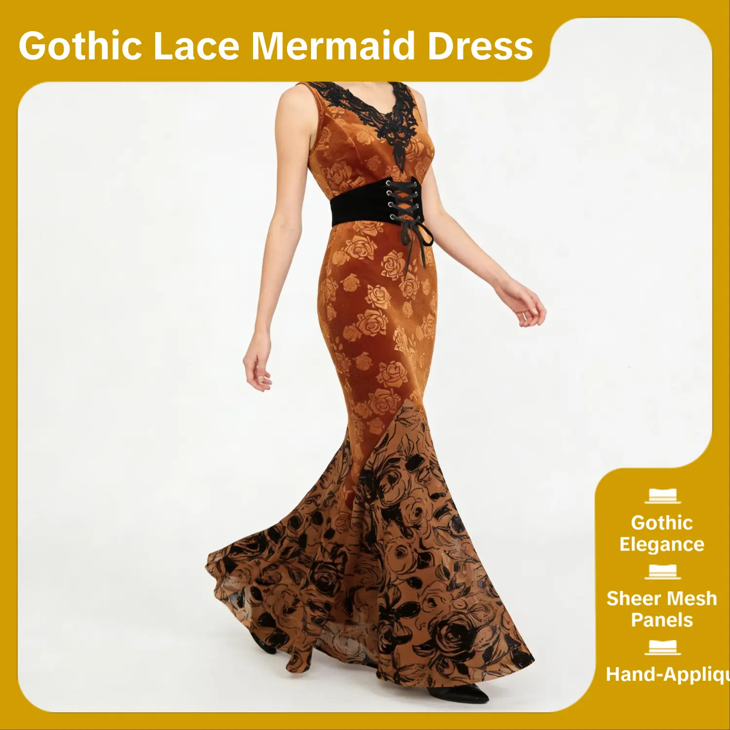 Rgothic Women's Gothic Mermaid Dress, Dark Romance Ankle Length Gown in Floral Velvet with a Sheer Mesh Lace Up Bodice for Cocktail & Festivals, Statement, Curve-Hugger, Hidden Zipper, Sleeveless, Mesh Panels, Velvet Flock
