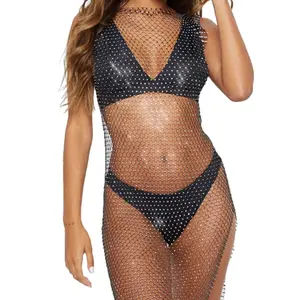 Women's Rhinestone Mesh Midi Dress See Through Bikni Swimsuit Sleeveless Fishnet Beach Cover Up
