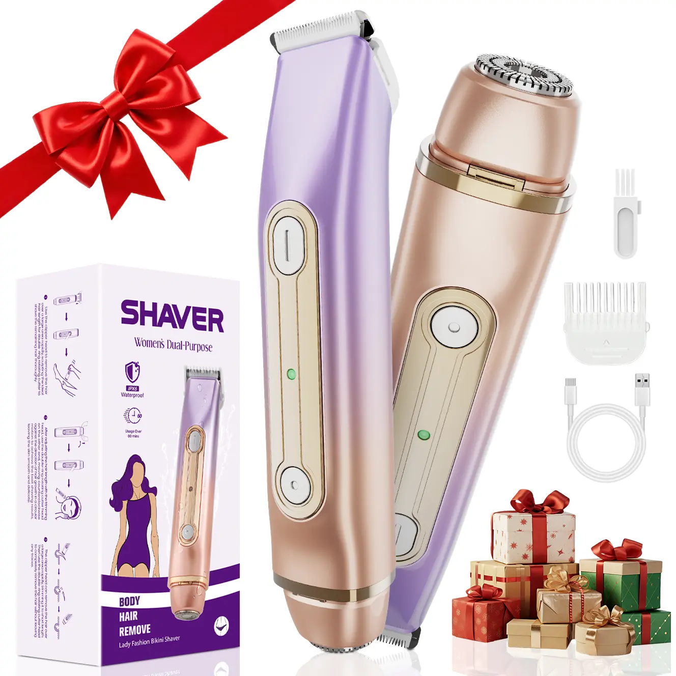 Bikini Trimmer for Women, Electric  Lady Shaver and Razor Rechargeable 2-in-1 Body and Facial Epilator, Dual Heads for Painless Trimming of Pubic Hair, Face, Underarms and Legs, Christmas Gift New Year Gift Shaving Grooming portable travel care