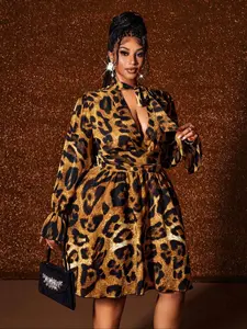 Plus Size Leopard Print Casual Dress, V Neck Tie Design, Bubble Sleeve Waist Cinch Flared Hem, Sexy Vintage Party Atmosphere