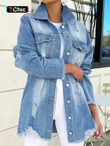 Women's Raw Hem Ripped Fitted Denim Jacket, Button Front Design, Fashion Street Style Versatile Jean Coat, Casual Basic Wear for Spring & Fall
