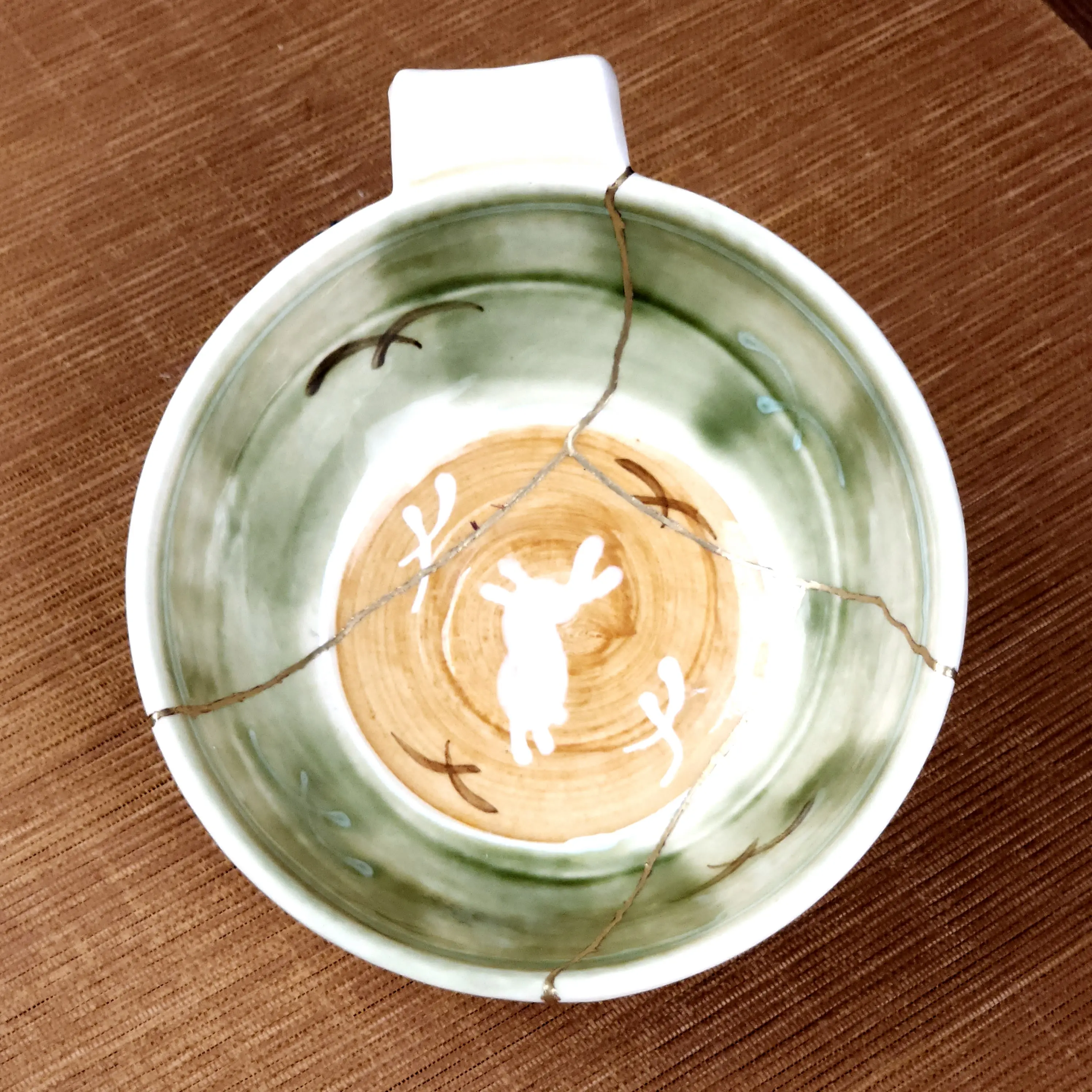 Hand-Painted Rabbit Kintsugi Bowl with Side Handle - Wabi-Sabi Ceramic Art (5.7")