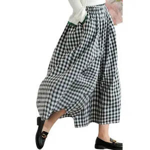 Chouyatou Women's Cotton Linen Pants Elastic Waist Plaid Gingham Wide Leg Capri Palazzo Pants