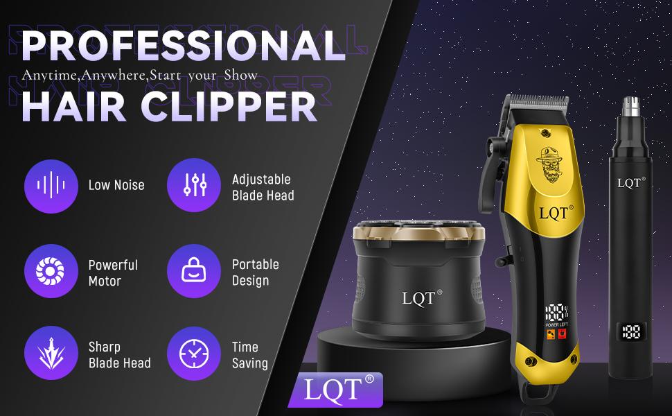 LQT Gold & Black 3-in-1 Men's Grooming Kit, Cordless Hair Clipper, Nose Trimmer & 6-Head Electric Shaver, Complete Rechargeable Barber Set for Head Shaving, Fades & Beard Styling