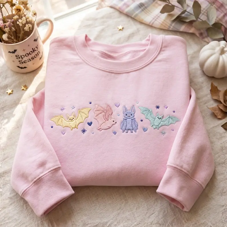 Embroidered Halloween Bat Sweatshirt, Whimsigoth Sweater, Spooky Girly, Goblincore, Pink Halloween Tee